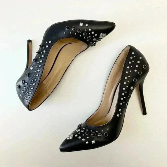 Aldo Black Leather Pumps Pointed Toe High Heel Rhinestone Studded Stilettos 7.5 - Picture 14 of 16